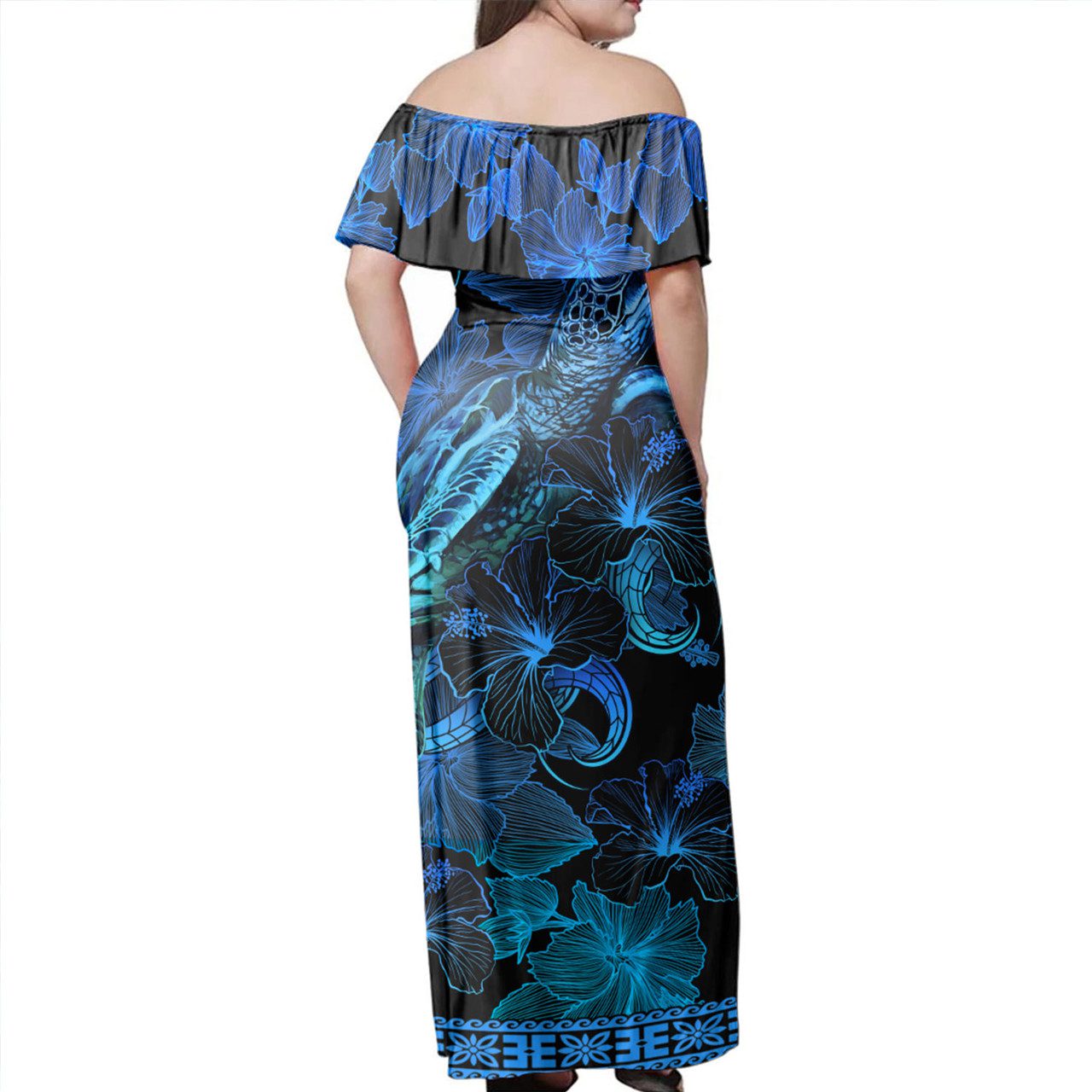 Tahiti Off Shoulder Long Dress Sea Turtle With Blooming Hibiscus Flowers Tribal Blue