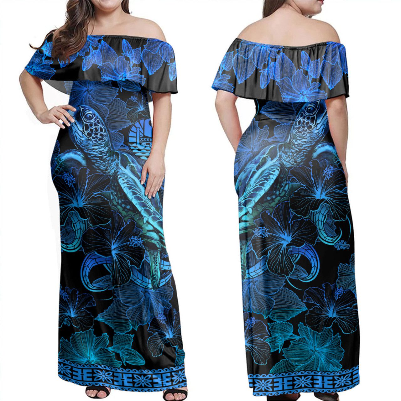 Tahiti Off Shoulder Long Dress Sea Turtle With Blooming Hibiscus Flowers Tribal Blue