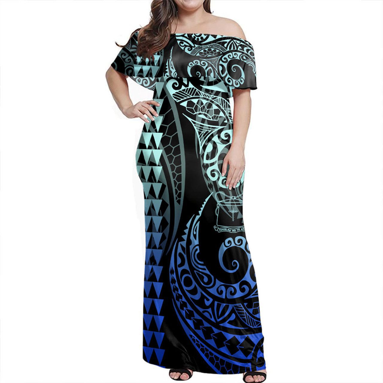 Tokelau Off Shoulder Long Dress Kakau Style Gradient Blue