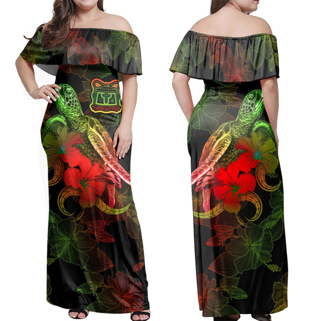 Tokelau Woman Off Shoulder Long Dress – Sea Turtle With Blooming Hibiscus Flowers Reggae