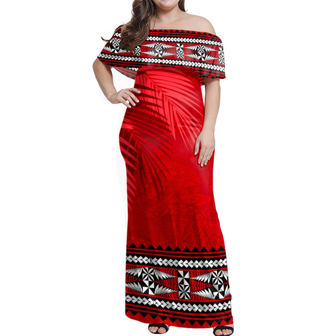 Tonga Woman Off Shoulder Long Dress Ngatu Fabric Leaves