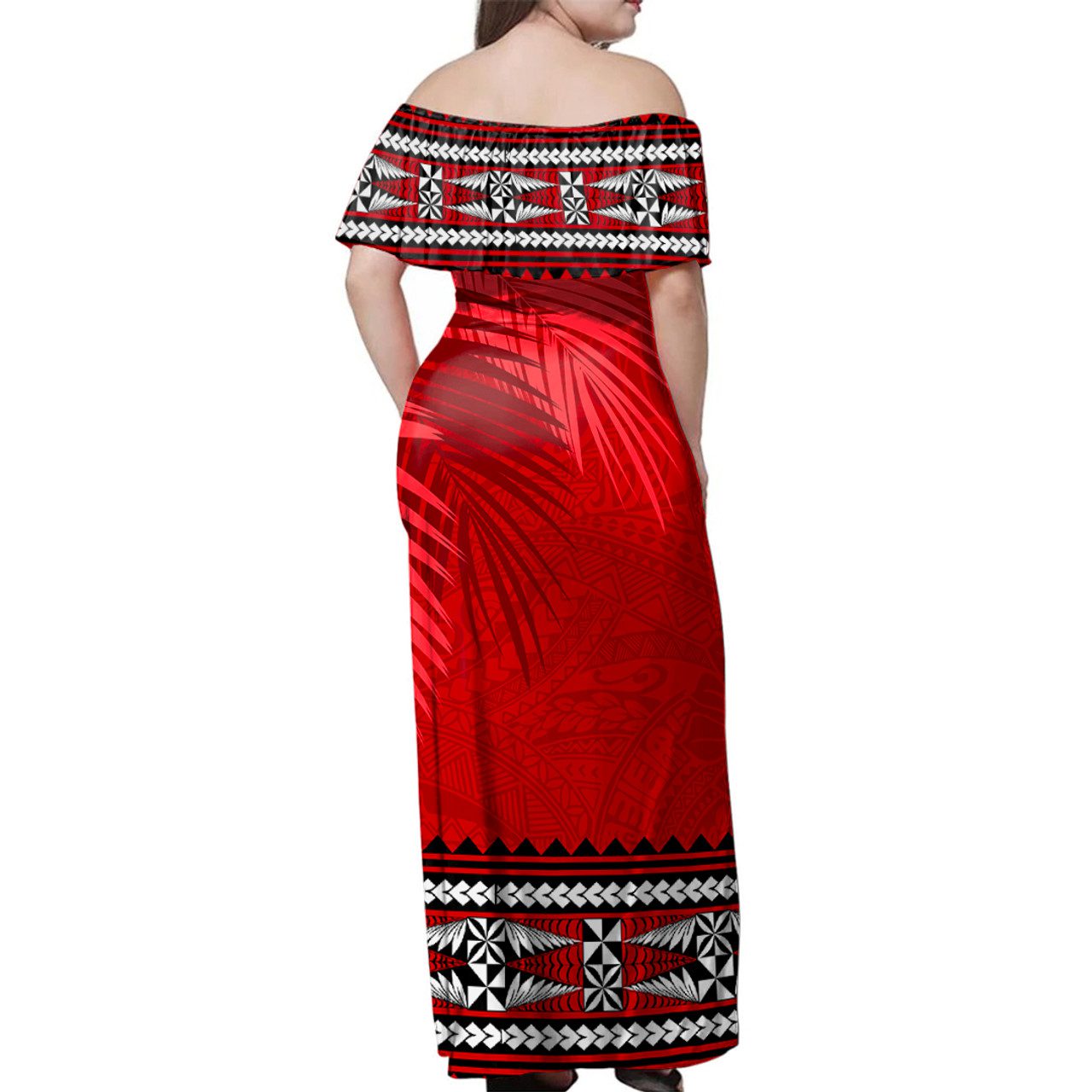 Tonga Woman Off Shoulder Long Dress Ngatu Fabric Leaves