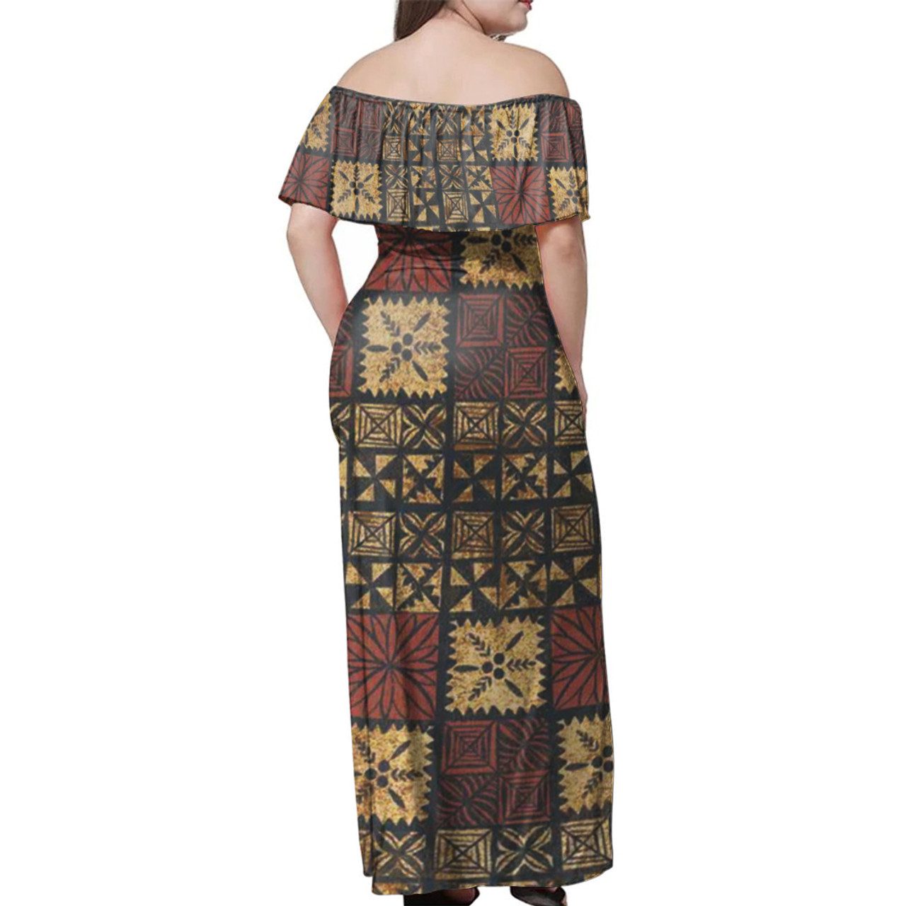 Tonga Ngatu Design Woman Off Shoulder Long Dress