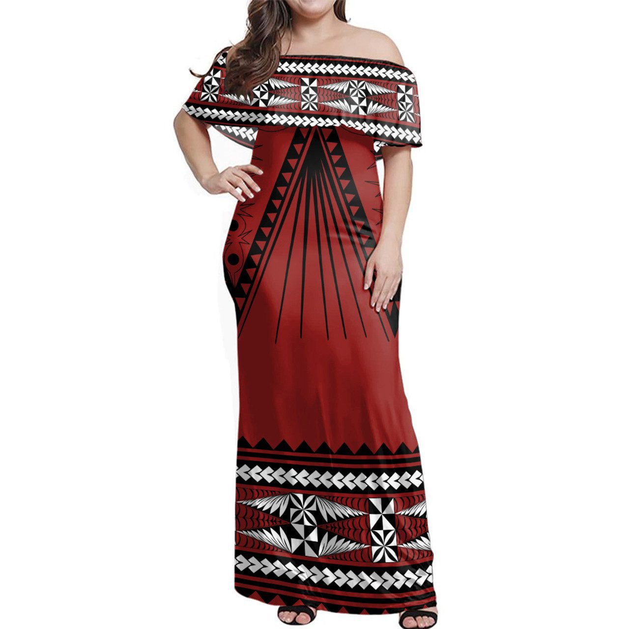 Tonga Ngatu Pattern Style Woman Off Shoulder Long Dress