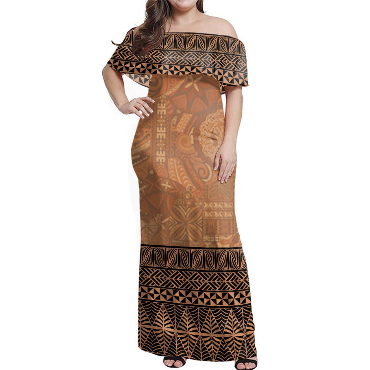 Tonga Woman Off Shoulder Long Dress Ngatu Pattern Culture Ver.1