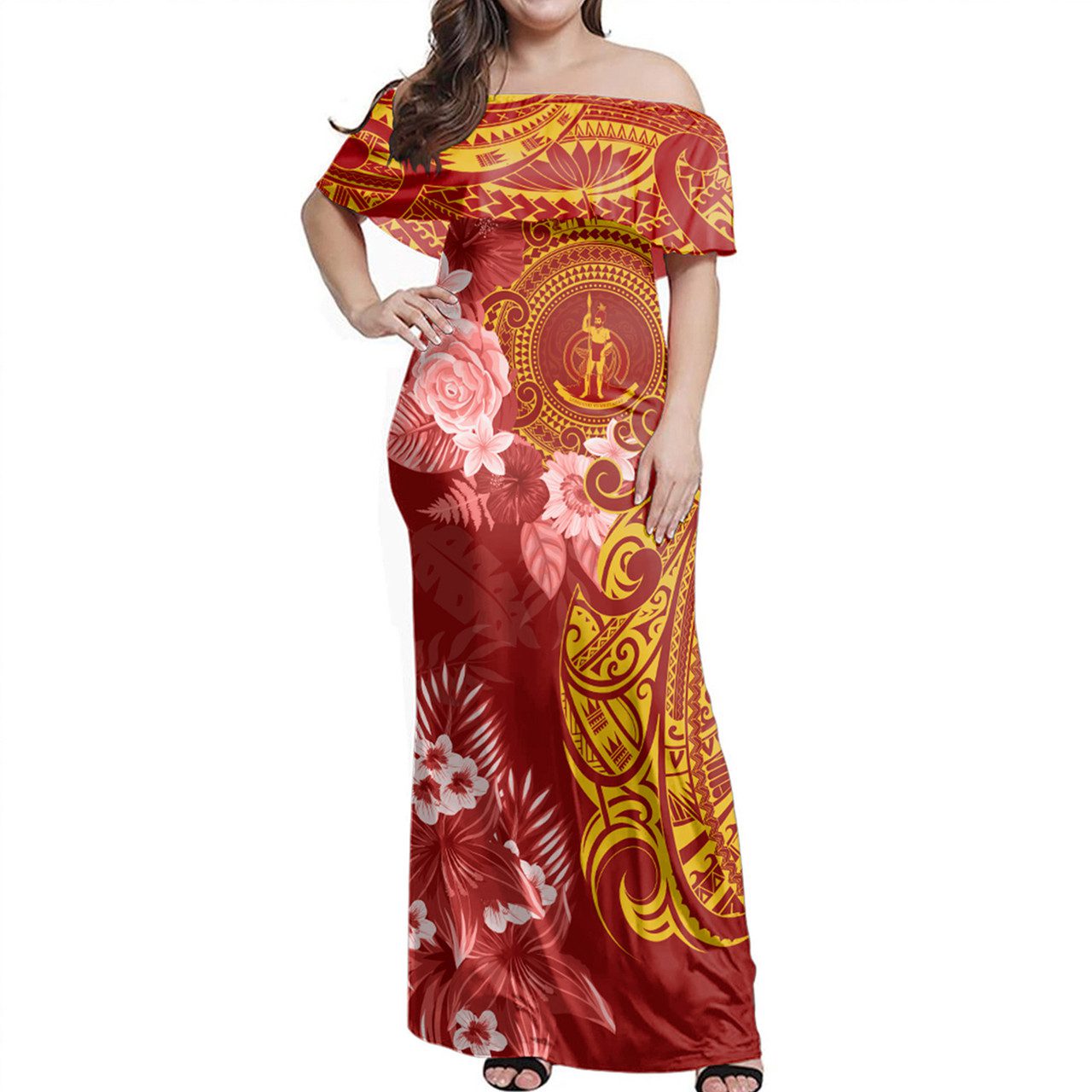 Vanuatu Off Shoulder Long Dress Polynesian Tropical Plumeria Tribal Red