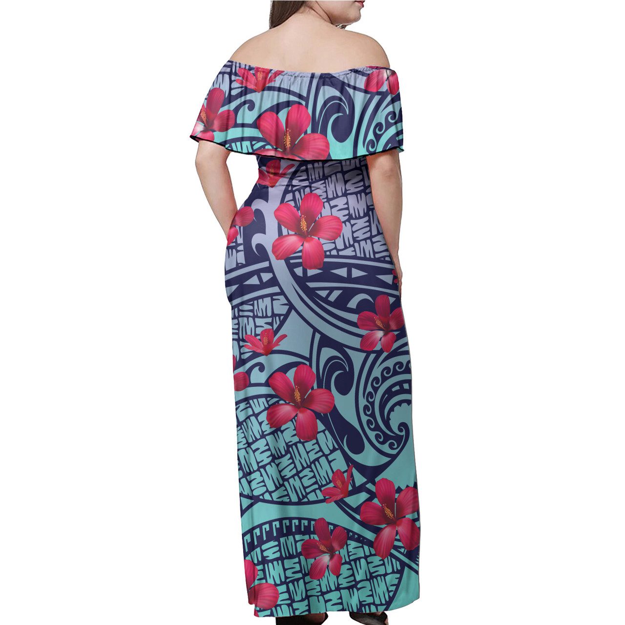 Hawaii Polynesian Woman Off Shoulder Long Dress – Polynesian Flower 2