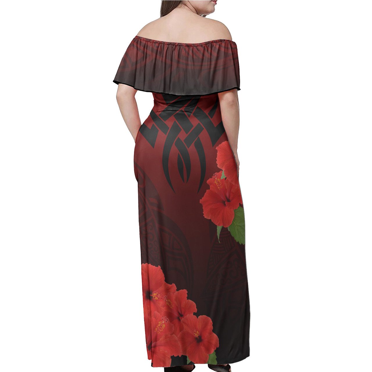 Polynesian Woman Off Shoulder Long Dress – Polynesian with Hibiscus Flower Red