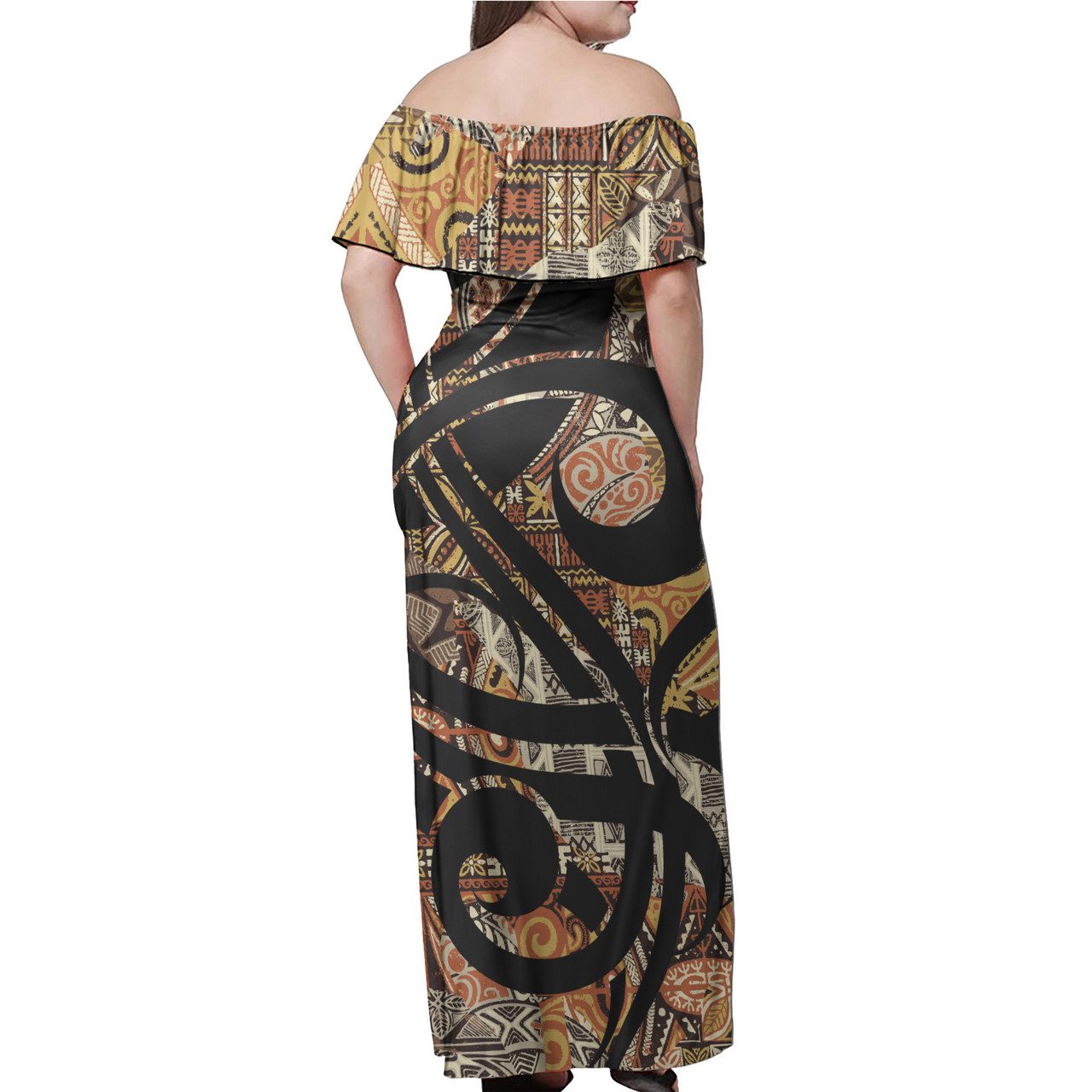 Polynesian Woman Off Shoulder Long Dress – Yellow Polynesian Pattern