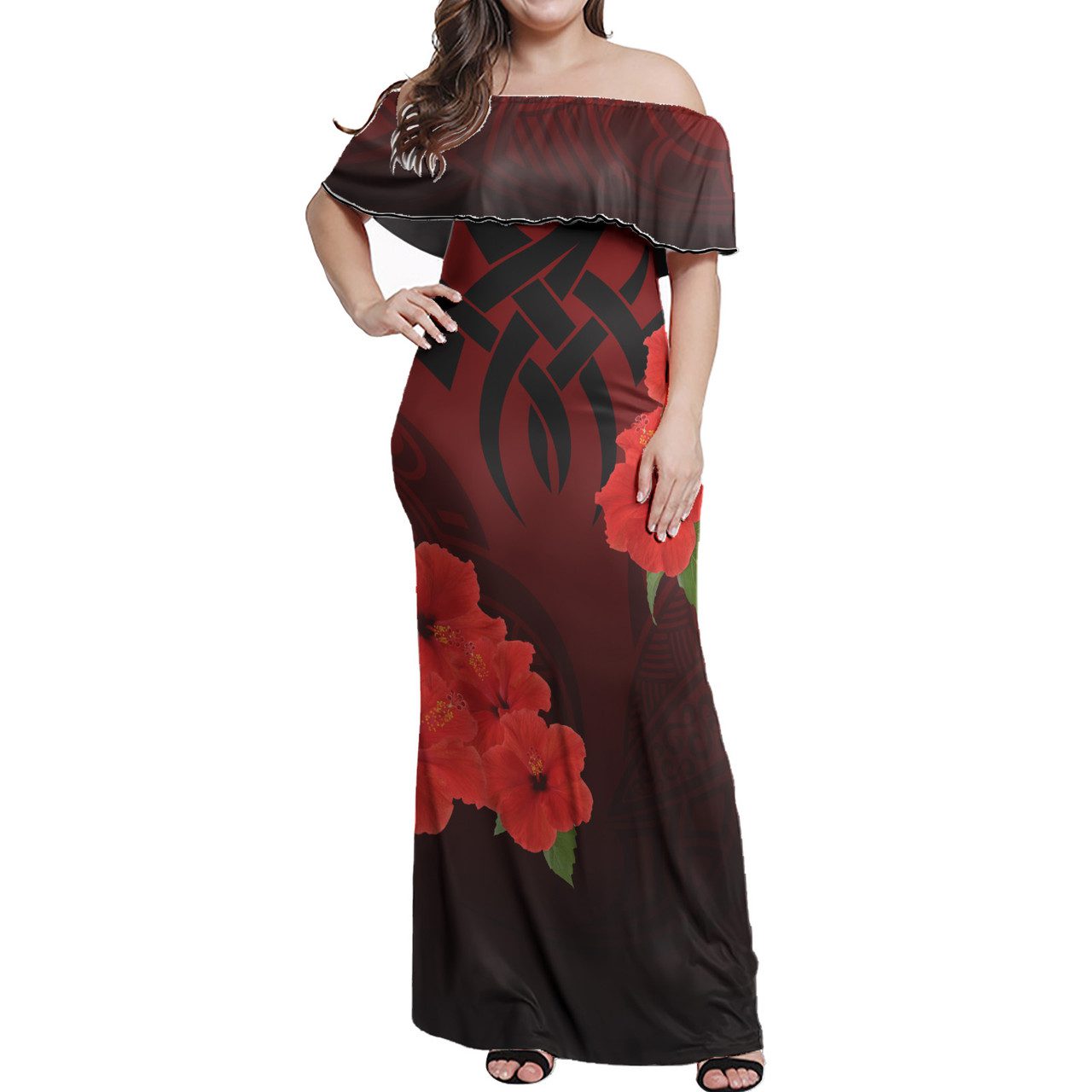 Polynesian Woman Off Shoulder Long Dress – Polynesian with Hibiscus Flower Red