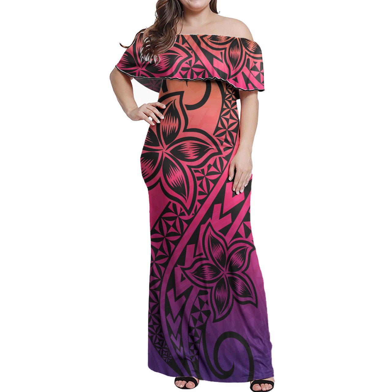 Hawaii Polynesian Woman Off Shoulder Long Dress – Polynesian Flower Purple