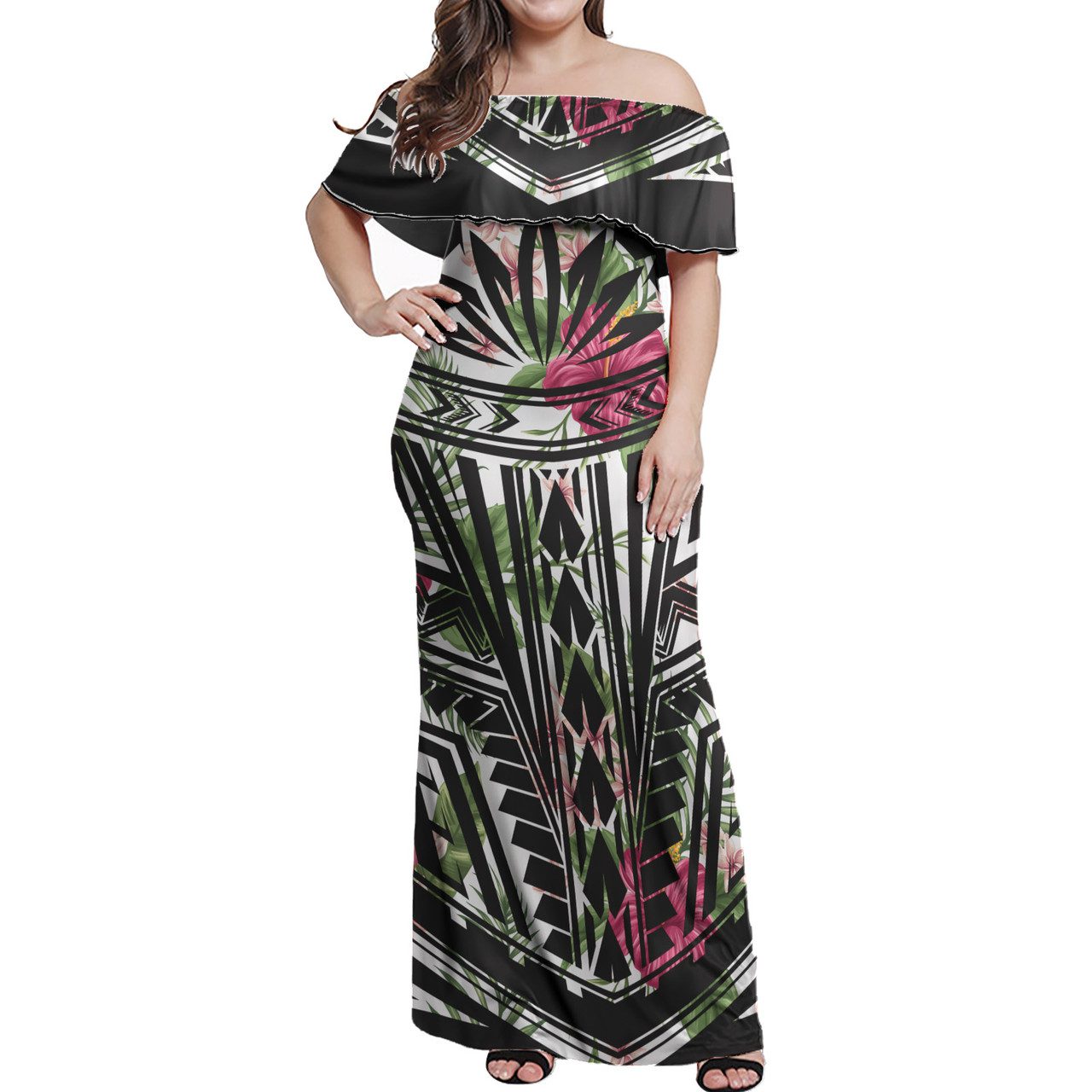 Polynesian Woman Off Shoulder Long Dress – Tropical Flower Polynesian Pattern