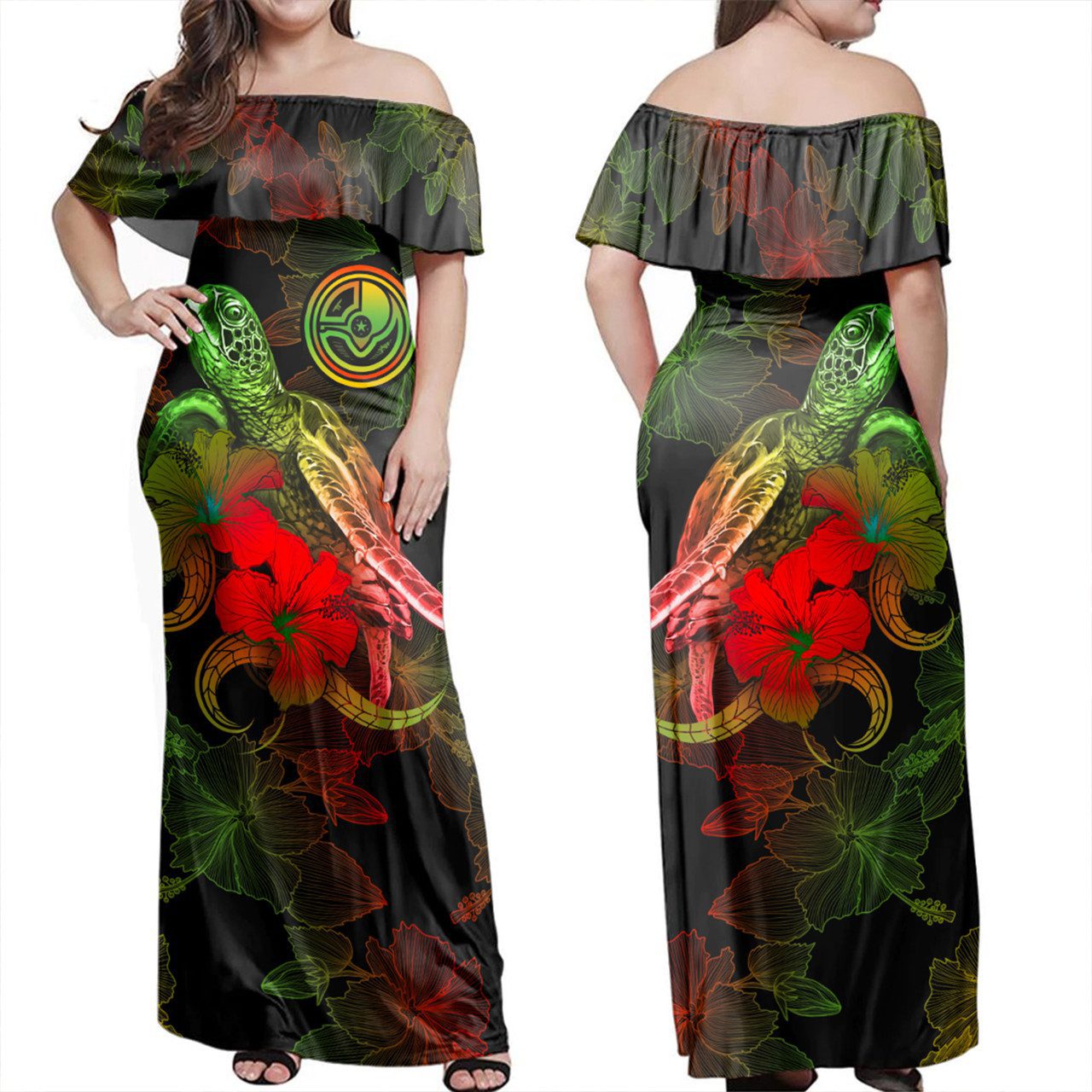 Yap State Woman Off Shoulder Long Dress – Sea Turtle With Blooming Hibiscus Flowers Reggae