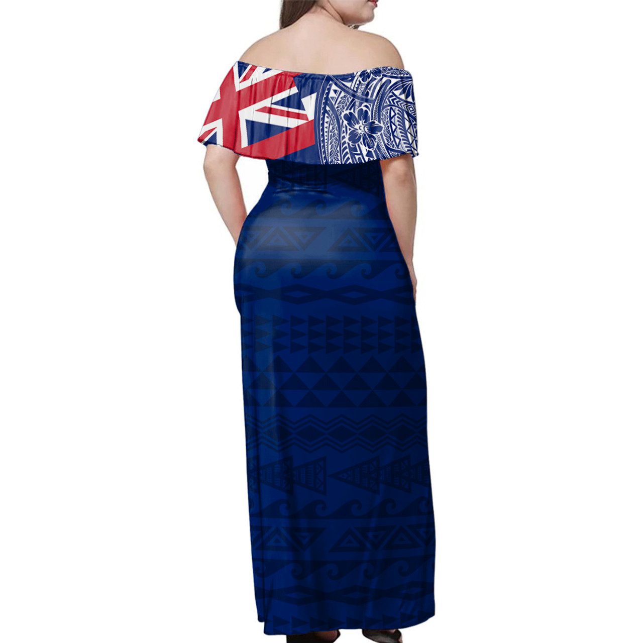 Hawaii Woman Off Shoulder Long Dress Polynesian Flag With Coat Of Arms