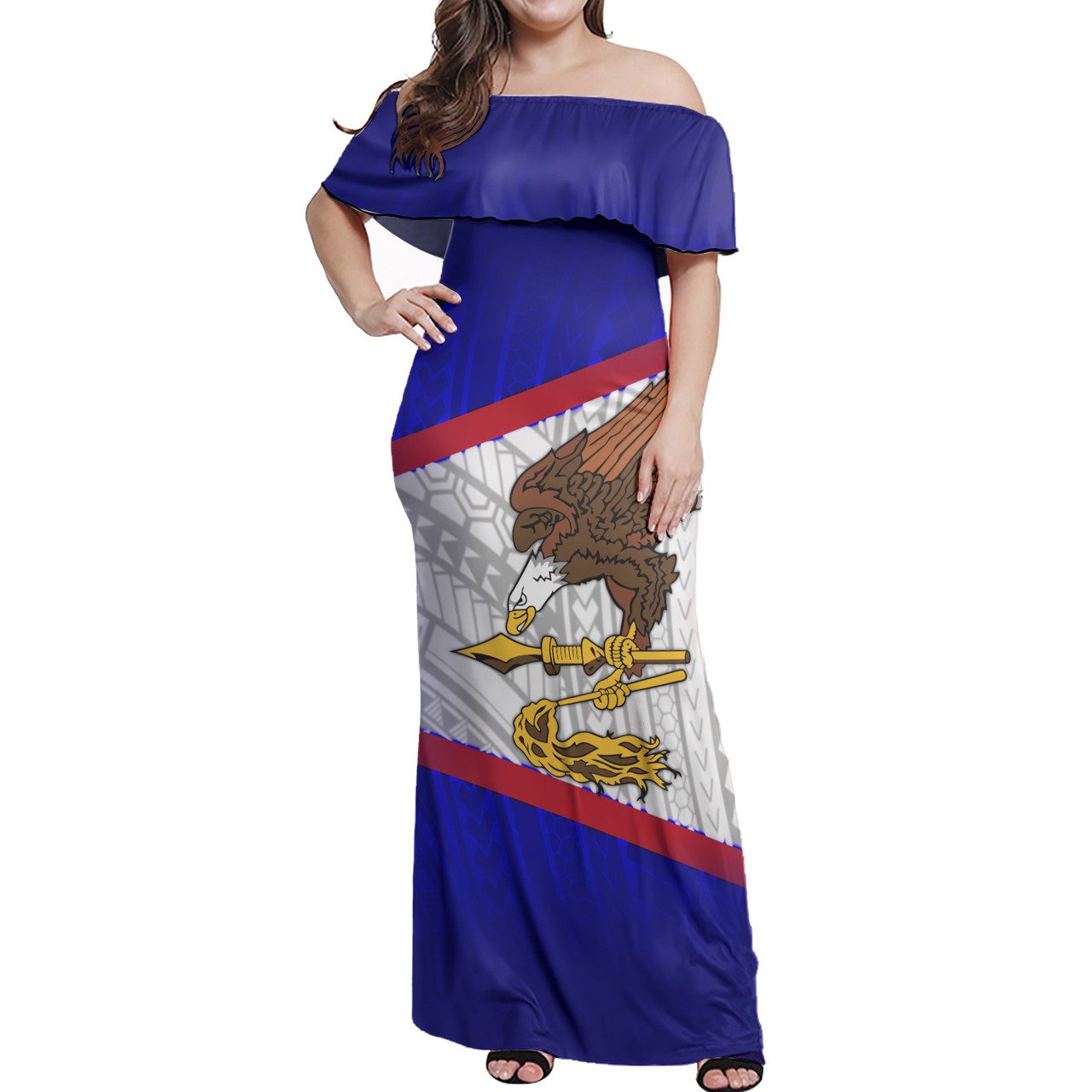 American Samoa Flag Color With Traditional Patterns Women Off Shoulder Long Dress