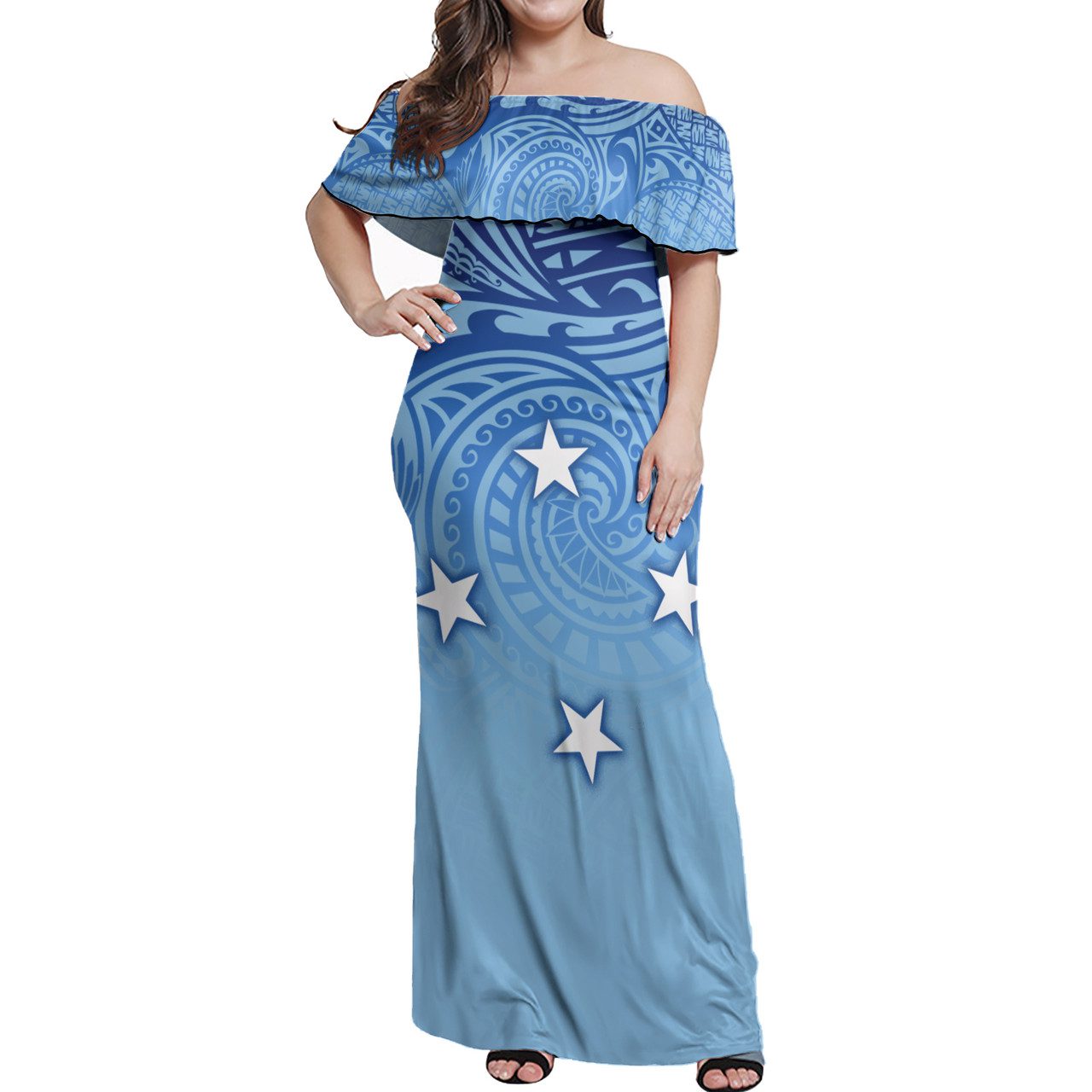 Federated States Of Micronesia Flag Color With Traditional Patterns Women Off Shoulder Long Dress