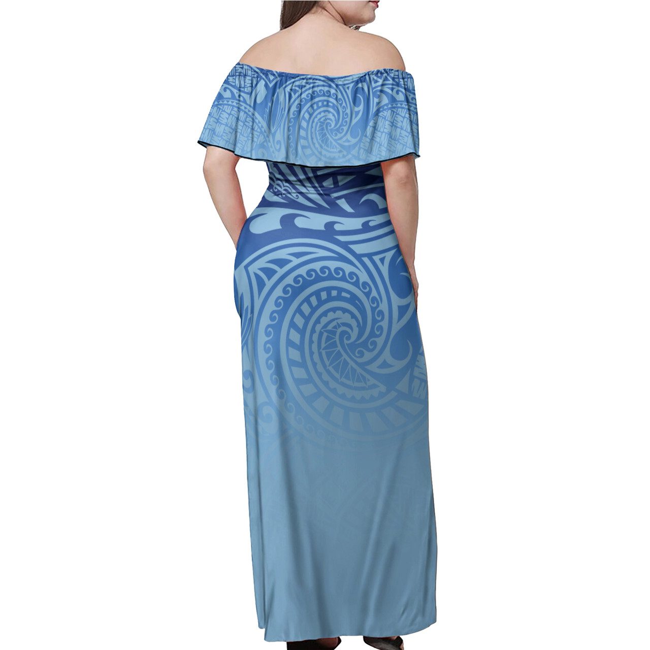 Federated States Of Micronesia Flag Color With Traditional Patterns Women Off Shoulder Long Dress