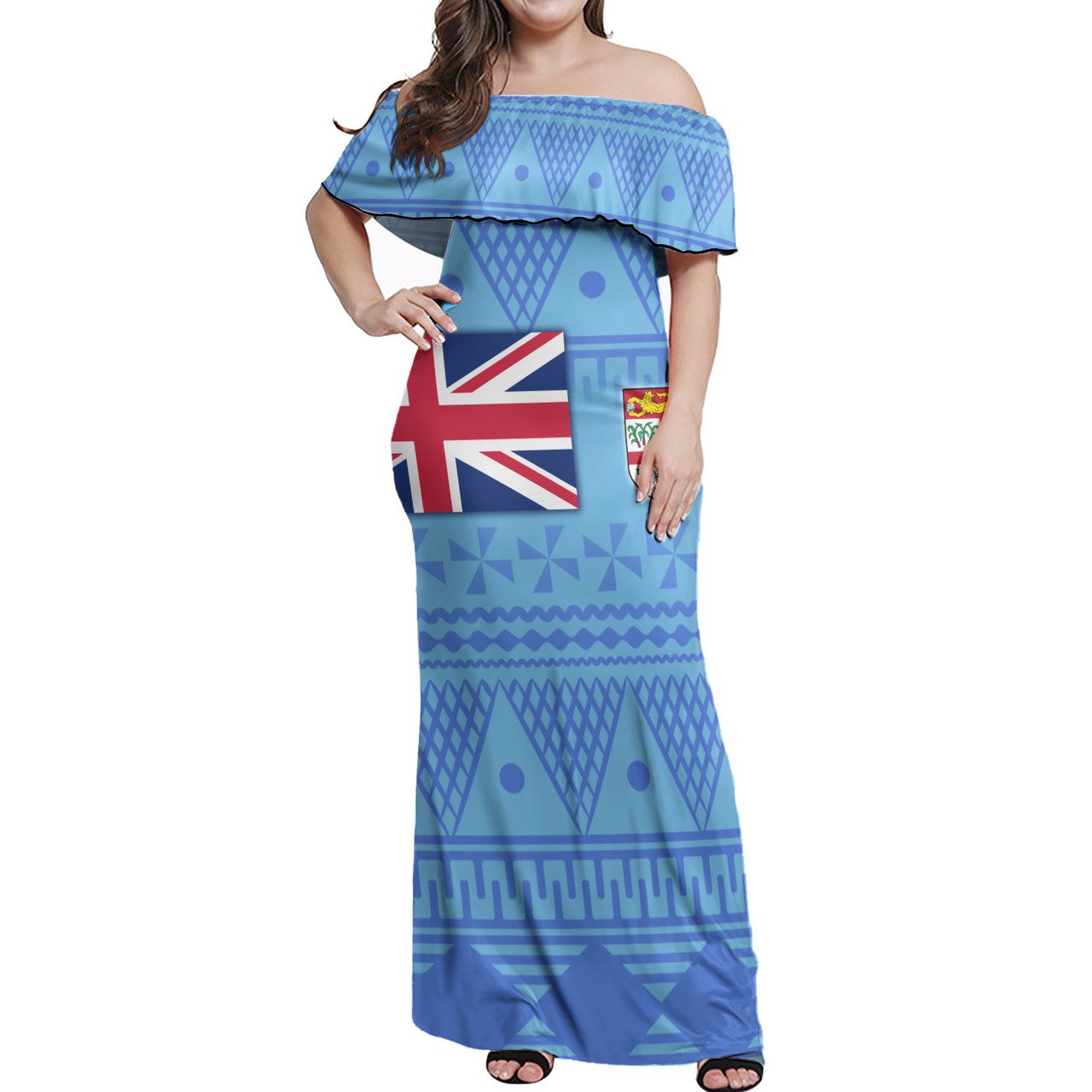 Fiji Flag Color With Traditional Patterns Women Off Shoulder Long Dress