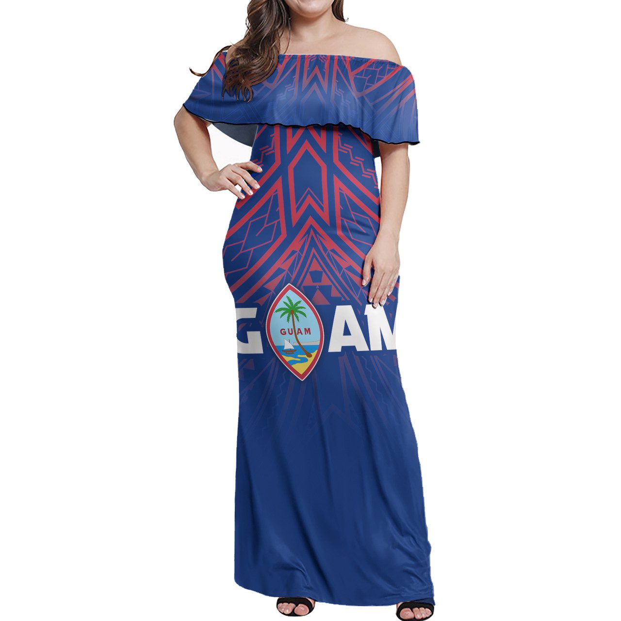 Guam Flag Color With Traditional Patterns Women Off Shoulder Long Dress