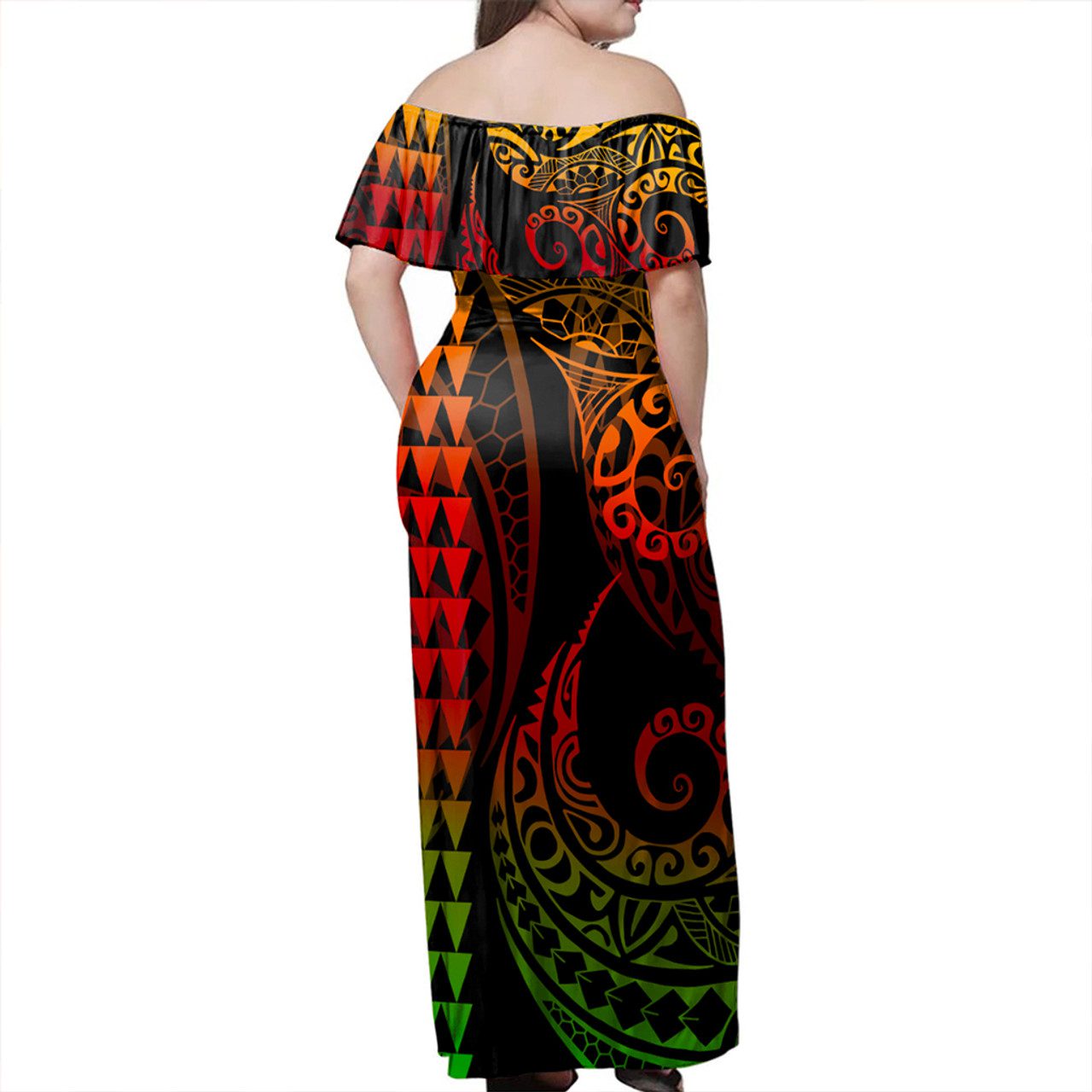 Fiji Woman Off Shoulder Long Dress Coat Of Arms Kakau Style Reggae