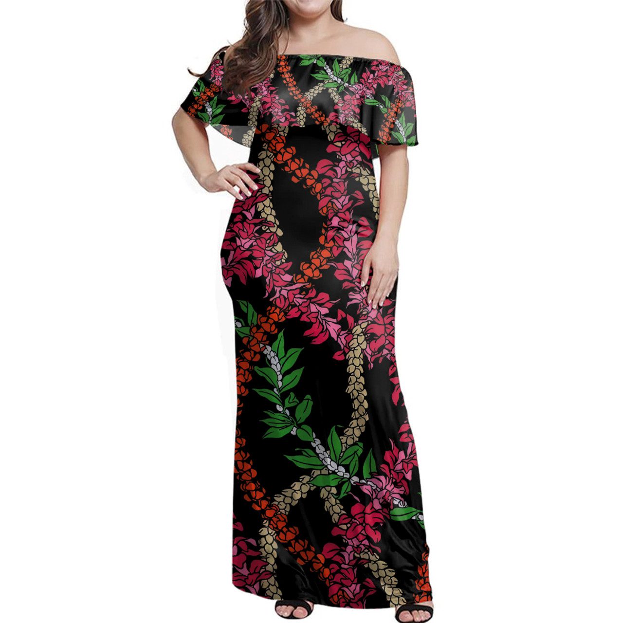 Hawaii Combo Off Shoulder Long Dress And Shirt Fabric Lei