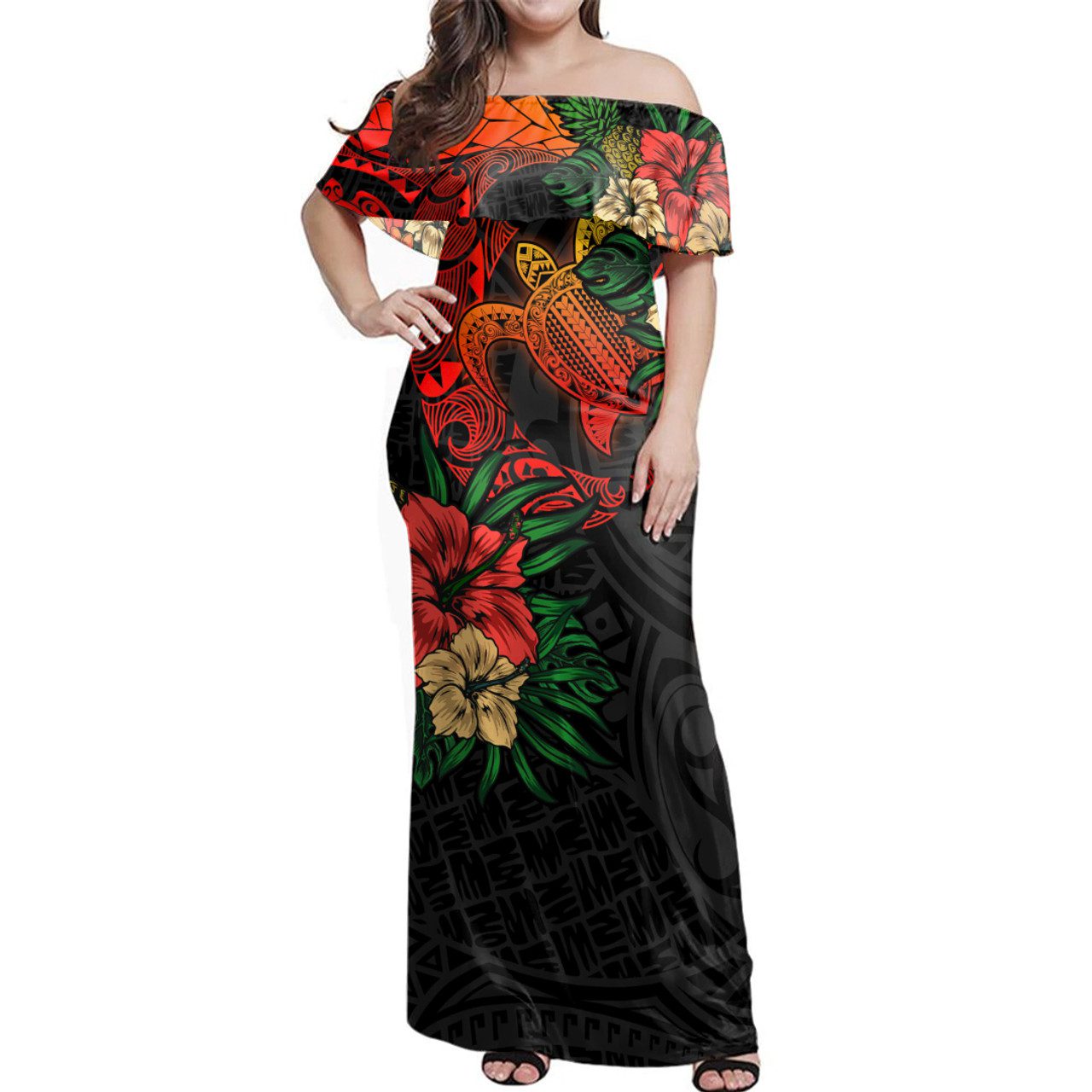 Hawaii Polynesian Turtle Tropical Woman Off Shoulder Long Dress