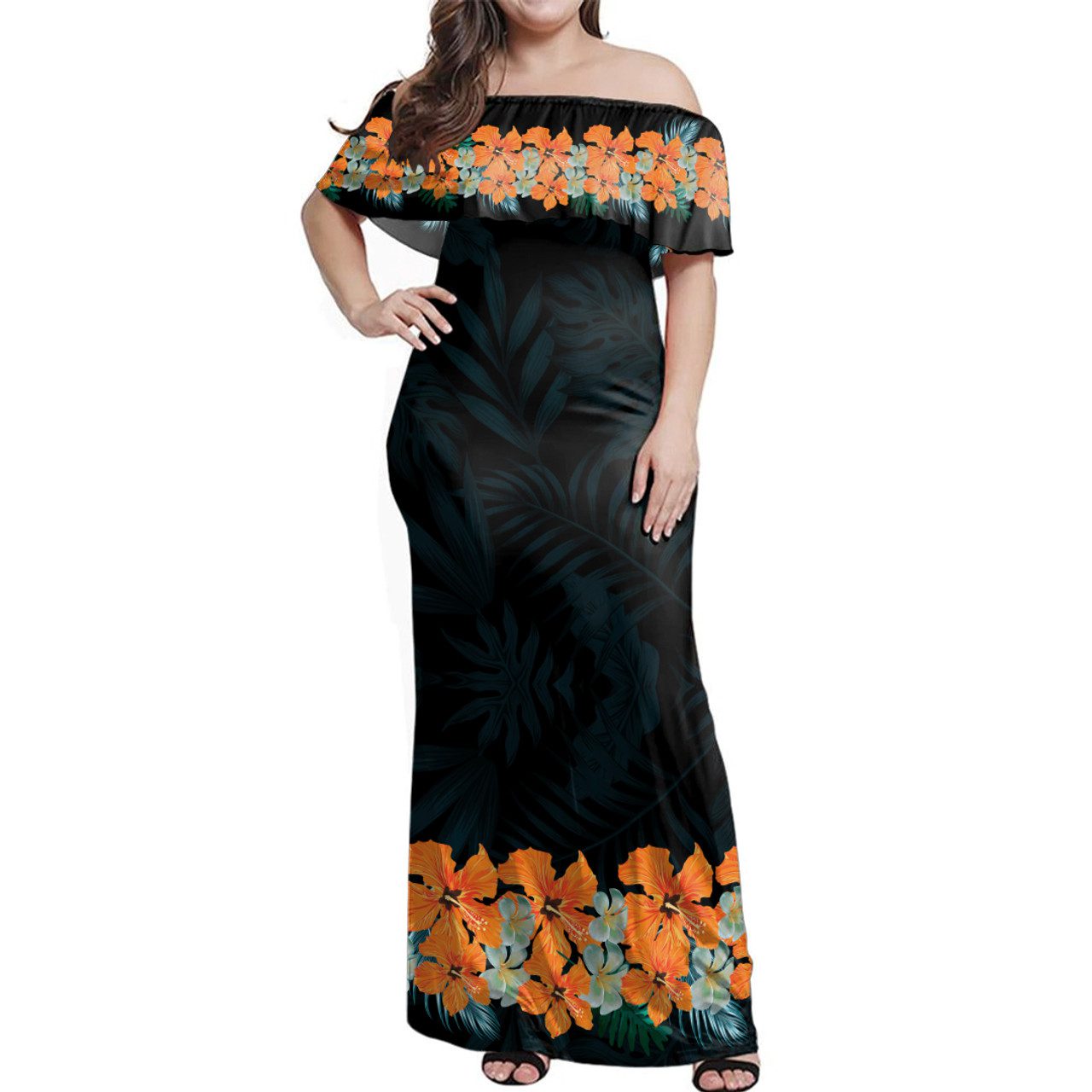 Hawaii Woman Off Shoulder Long Dress Tropical Leaf Fabric