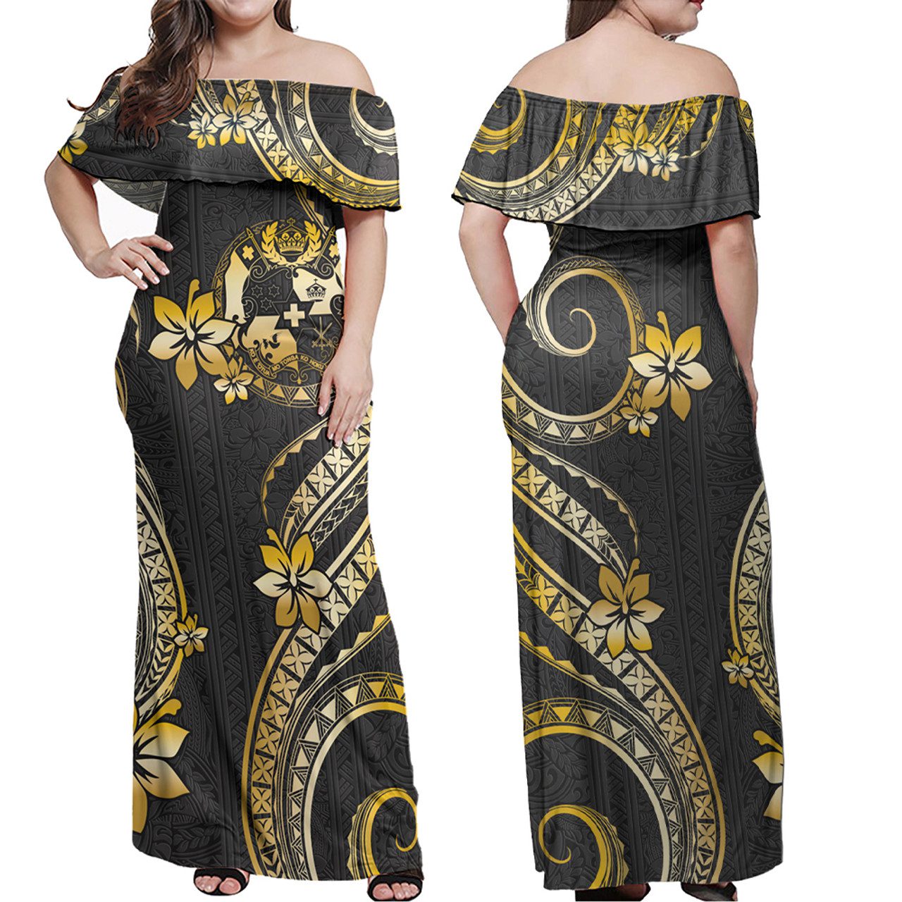 Tonga Combo Off Shoulder Long Dress And Shirt Golden Polynesian Pattern