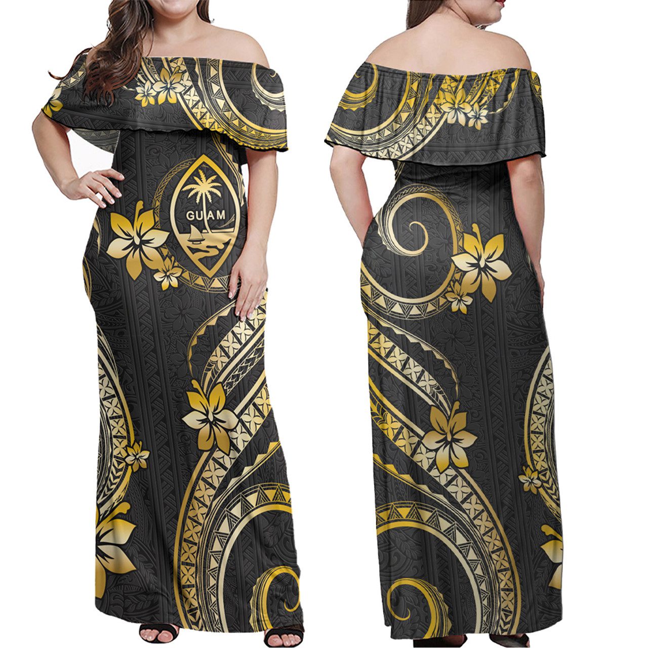 Guam Combo Off Shoulder Long Dress And Shirt Golden Polynesian Pattern