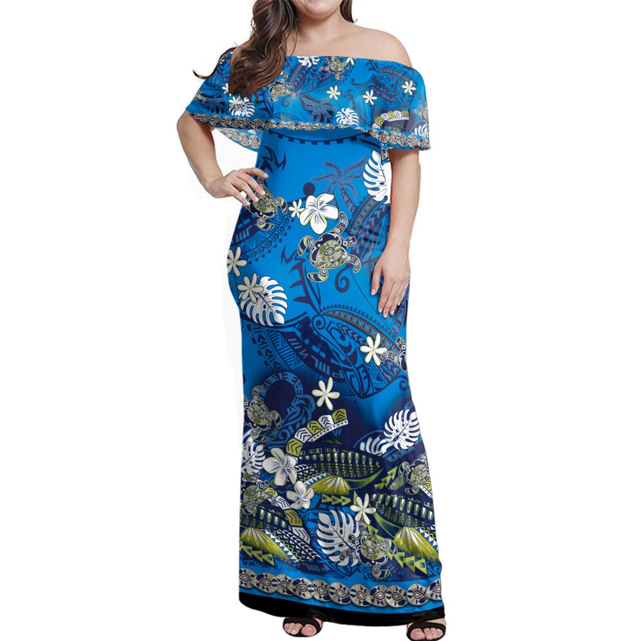 Hawaii Off Shoulder Long Dress Polynesia Floral And Tribal Islands Blue