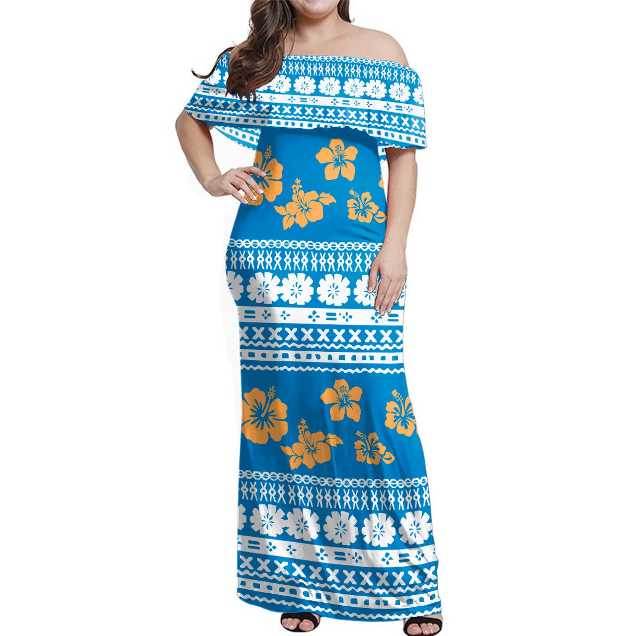 Fiji Off Shoulder Long Dress Tapa Flower Fabric Print