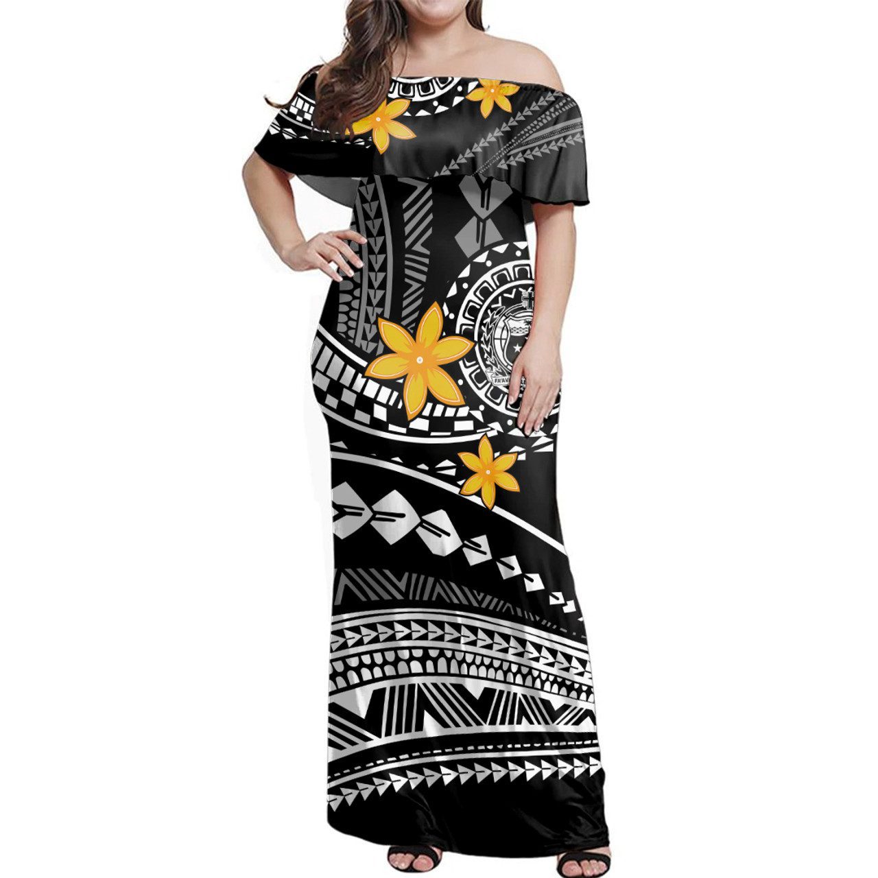 Samoa Woman Off Shoulder Long Dress Tribal Plumeria