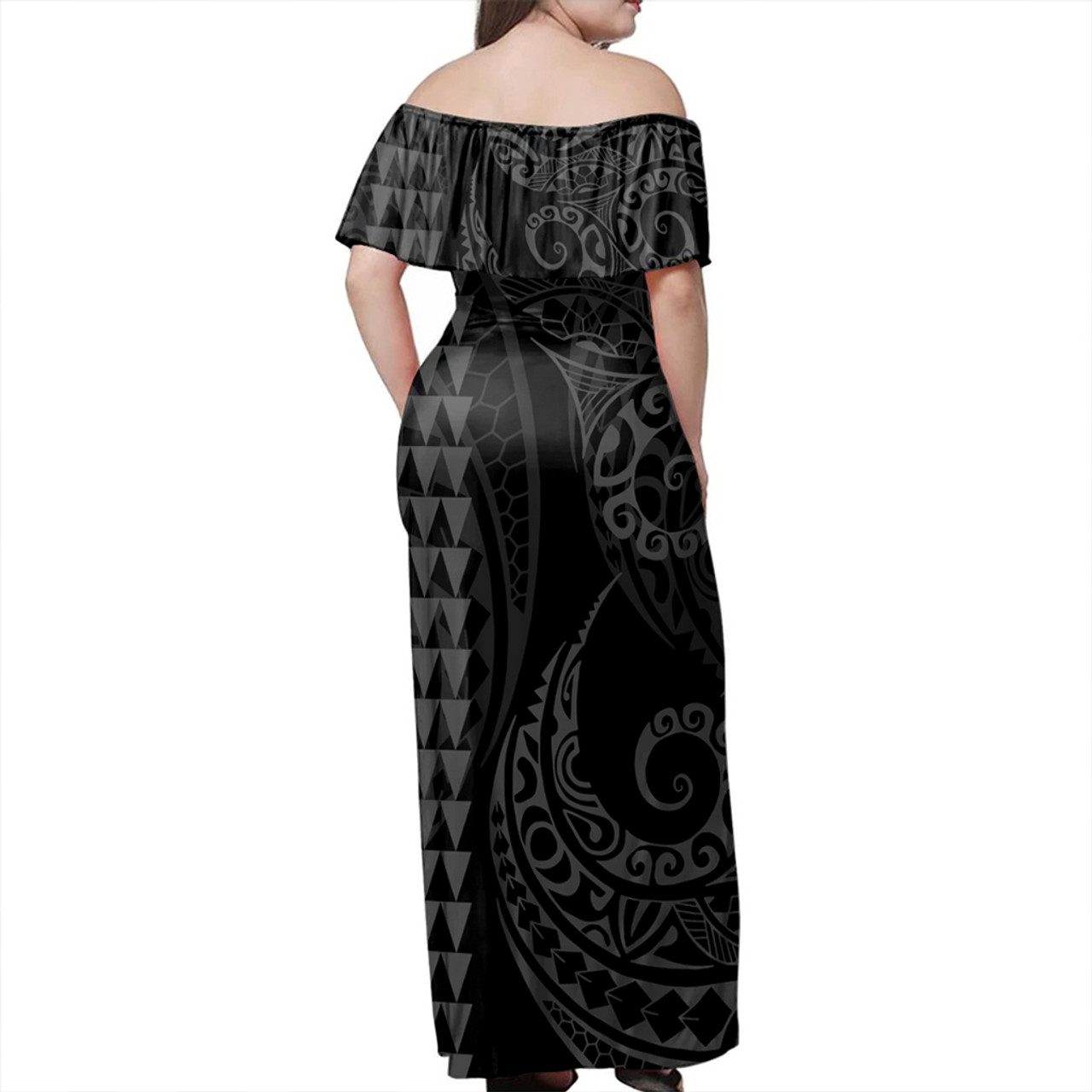 Samoa Woman Off Shoulder Long Dress Coat Of Arms Kakau Style Grey