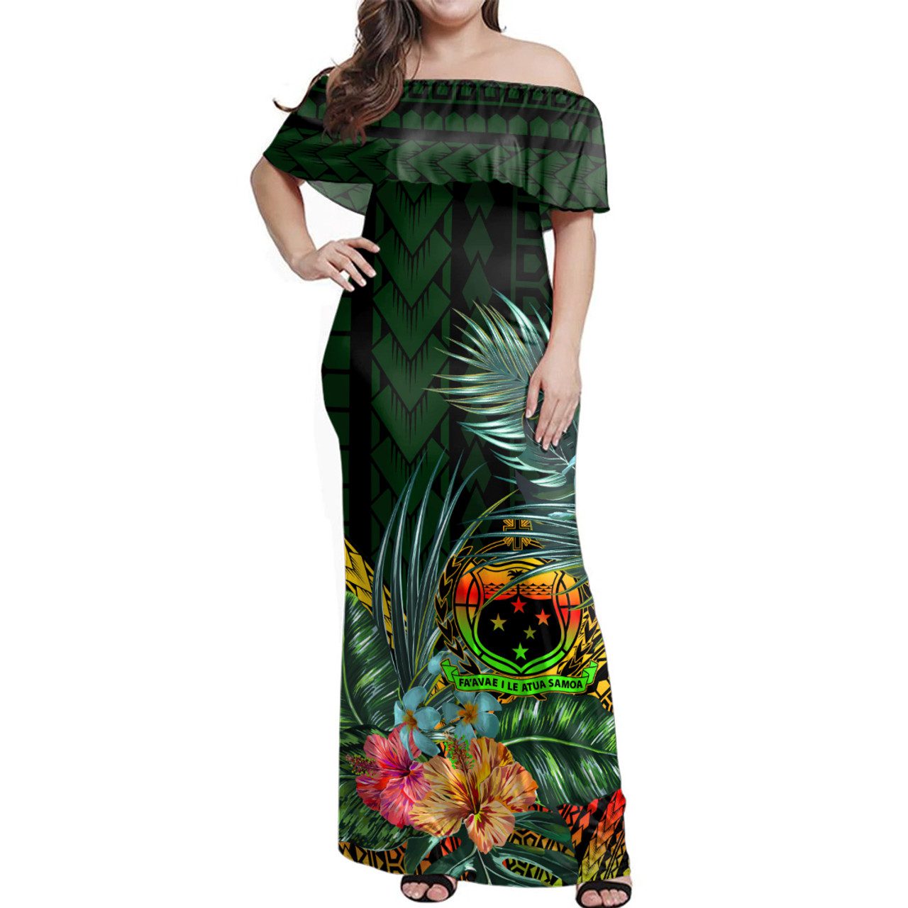 Samoa Woman Off Shoulder Long Dress Hibisucs Flower Polynesian