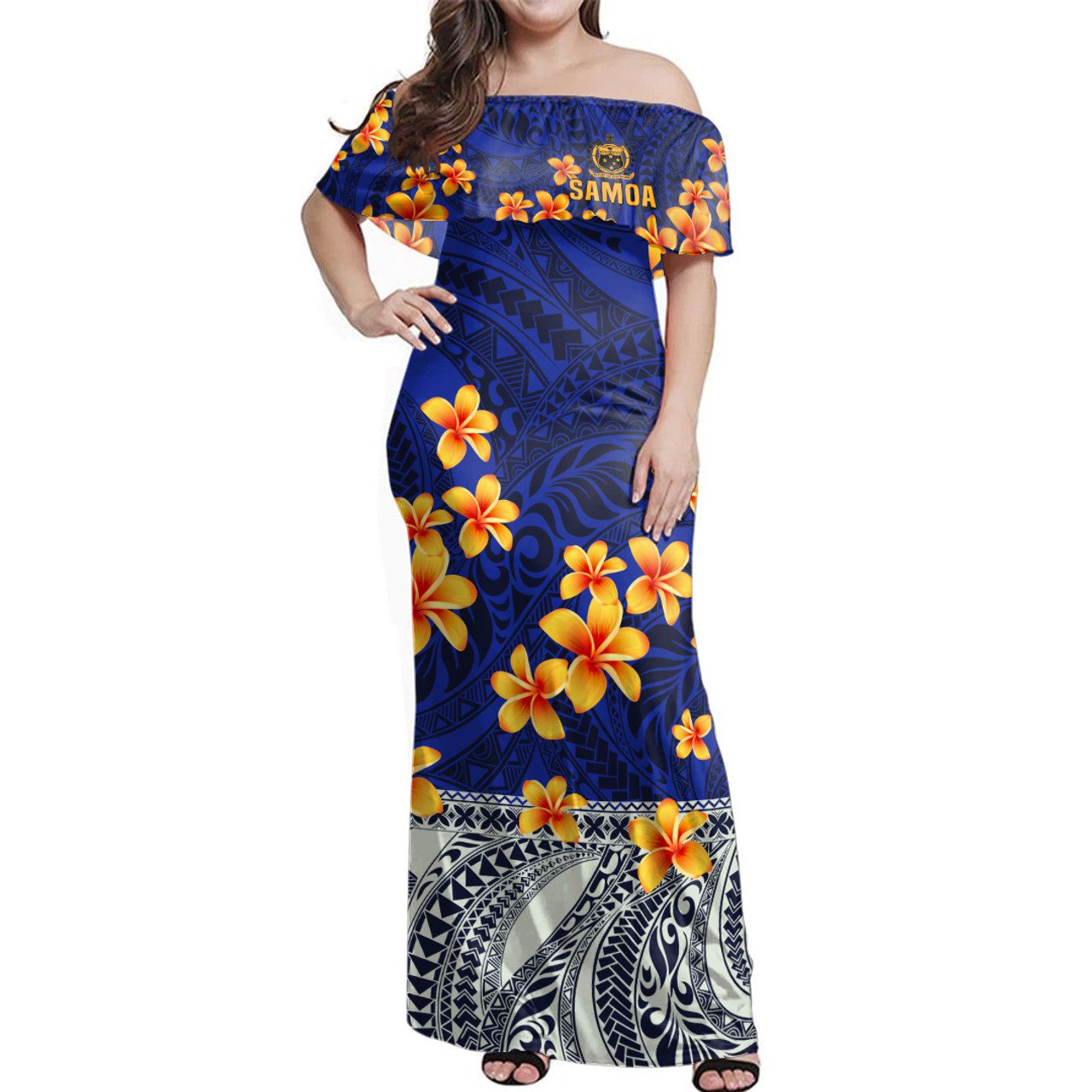 Samoa Woman Off Shoulder Long Dress Plumeria Flower Fabric Design Blue