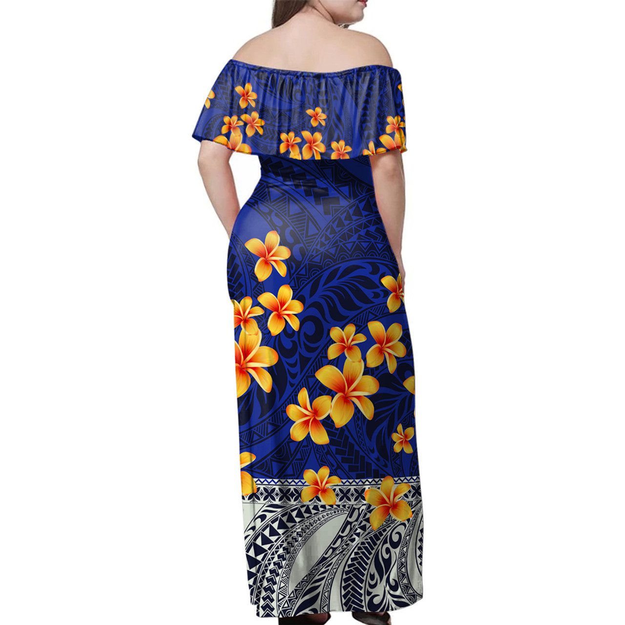 Samoa Woman Off Shoulder Long Dress Plumeria Flower Fabric Design Blue