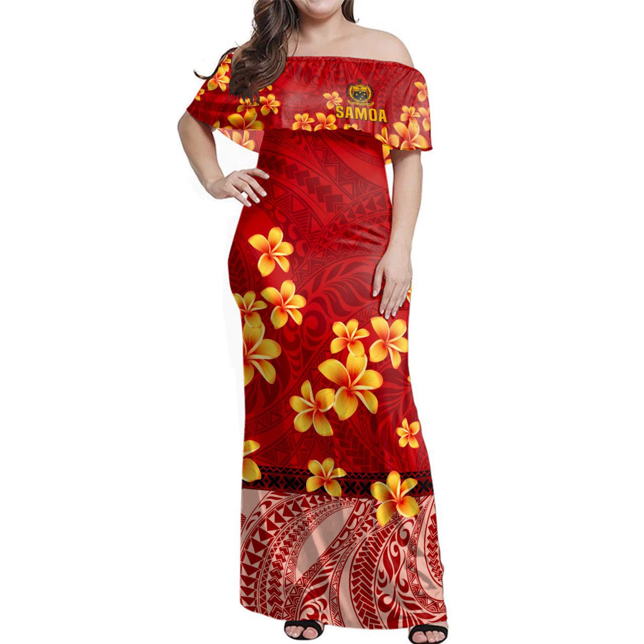 Samoa Woman Off Shoulder Long Dress Plumeria Flower Fabric Design