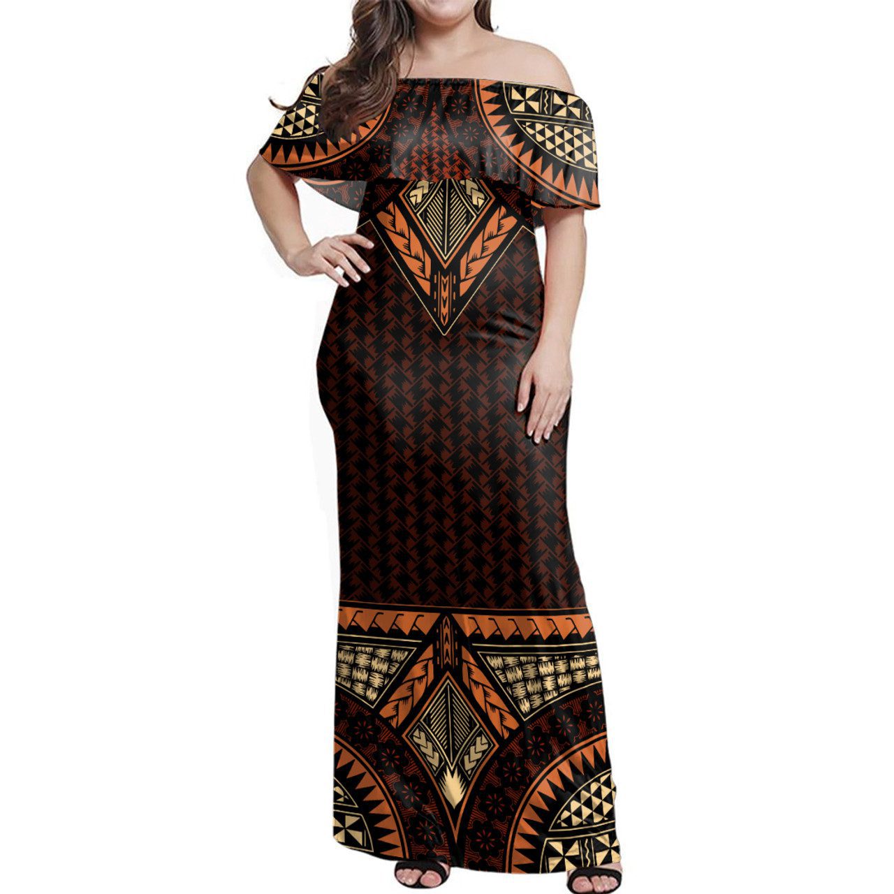 Samoa Women Off Shoulder Long Dress Siapo Pacific Tribal Pattern