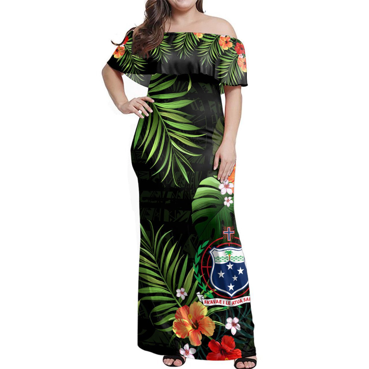 Samoa Woman Off Shoulder Long Dress Tropical Coat Of Arms