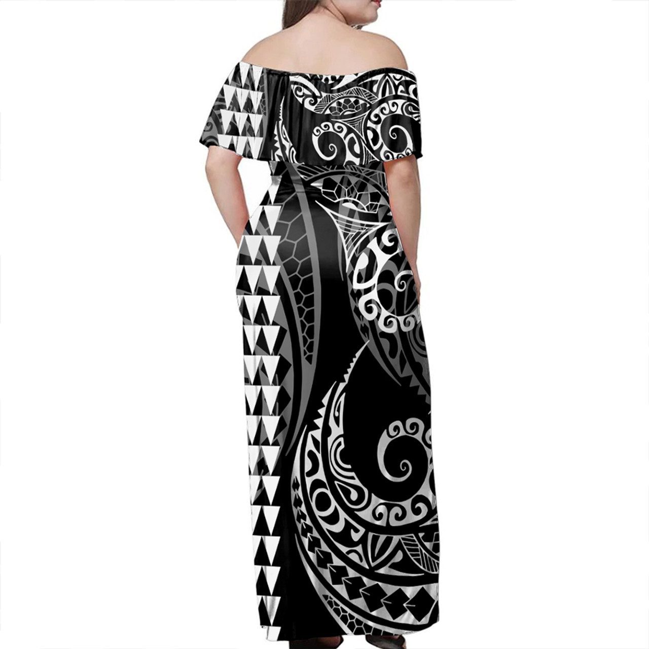 Samoa Woman Off Shoulder Long Dress Coat Of Arms Kakau Style White