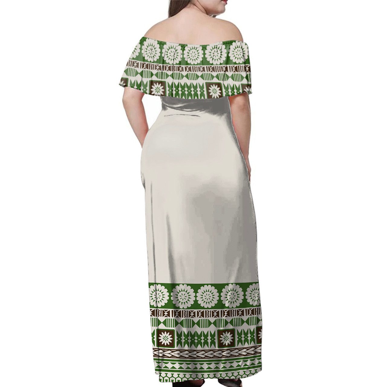Fiji Woman Off Shoulder Long Dress Tapa Pattern Green