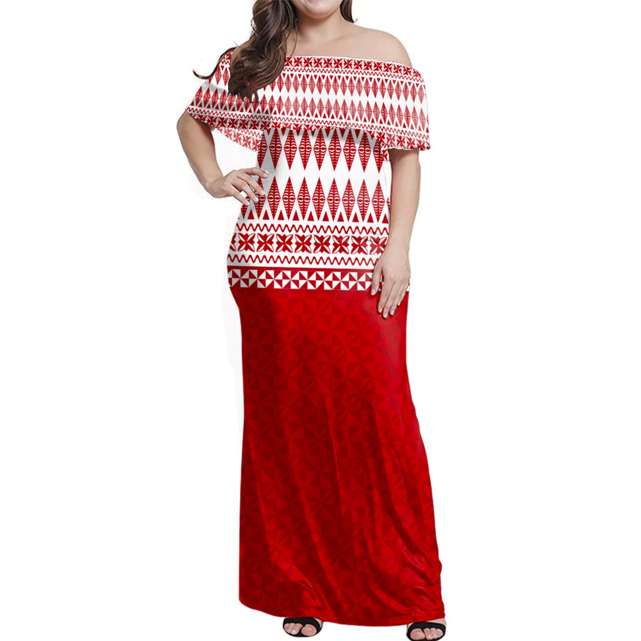 Tonga Woman Off Shoulder Long Dress Ngatu Pattern Design