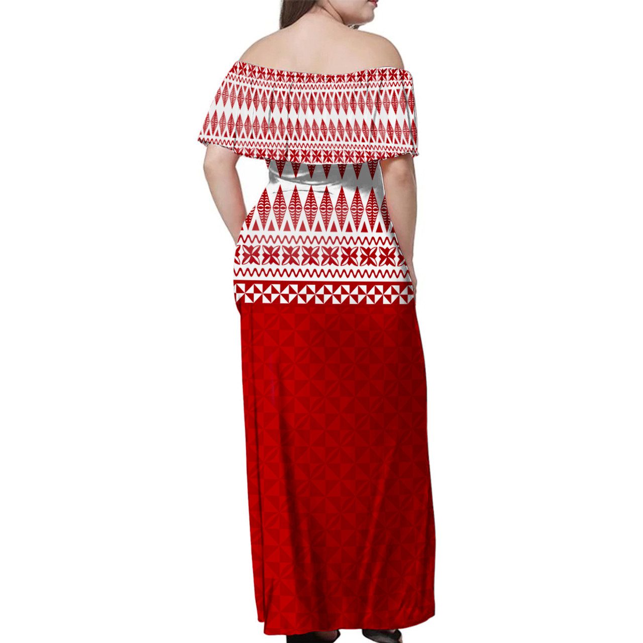 Tonga Woman Off Shoulder Long Dress Ngatu Pattern Design