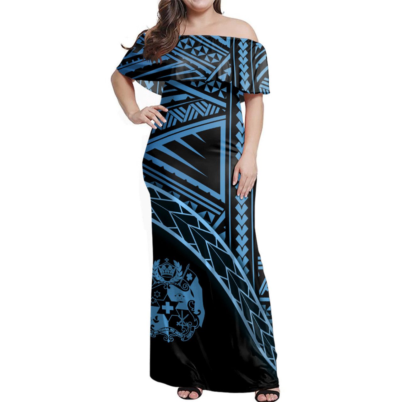 Tonga Woman Off Shoulder Long Dress Polynesian Tribal Coat Of Arms