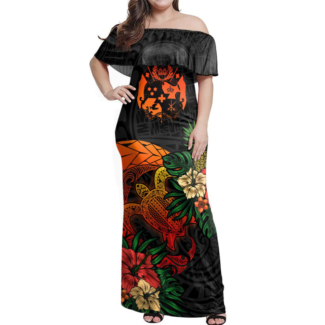 Tonga Coat Of Arms Polynesian Hibiscus Tropical Woman Off Shoulder Long Dress