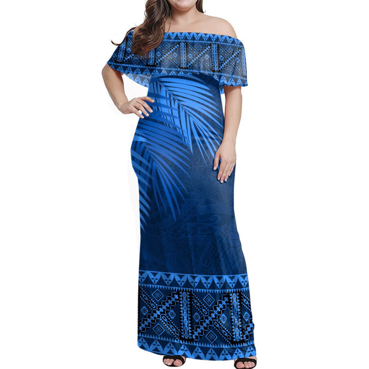 Samoa Woman Off Shoulder Long Dress Masi Dobby Fabric Leaves