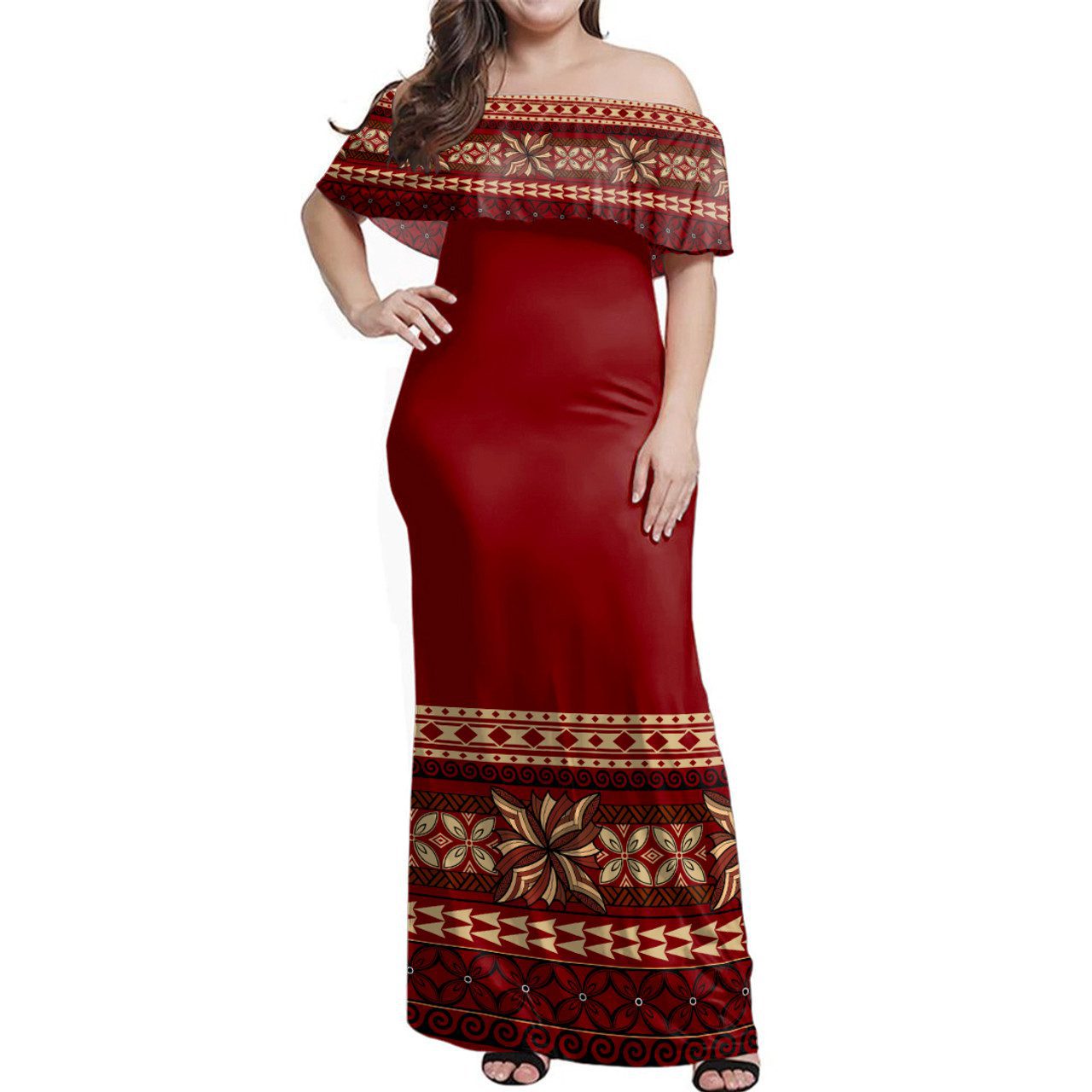 Samoa Women Off Shoulder Long Dress Siapo Pattern Design