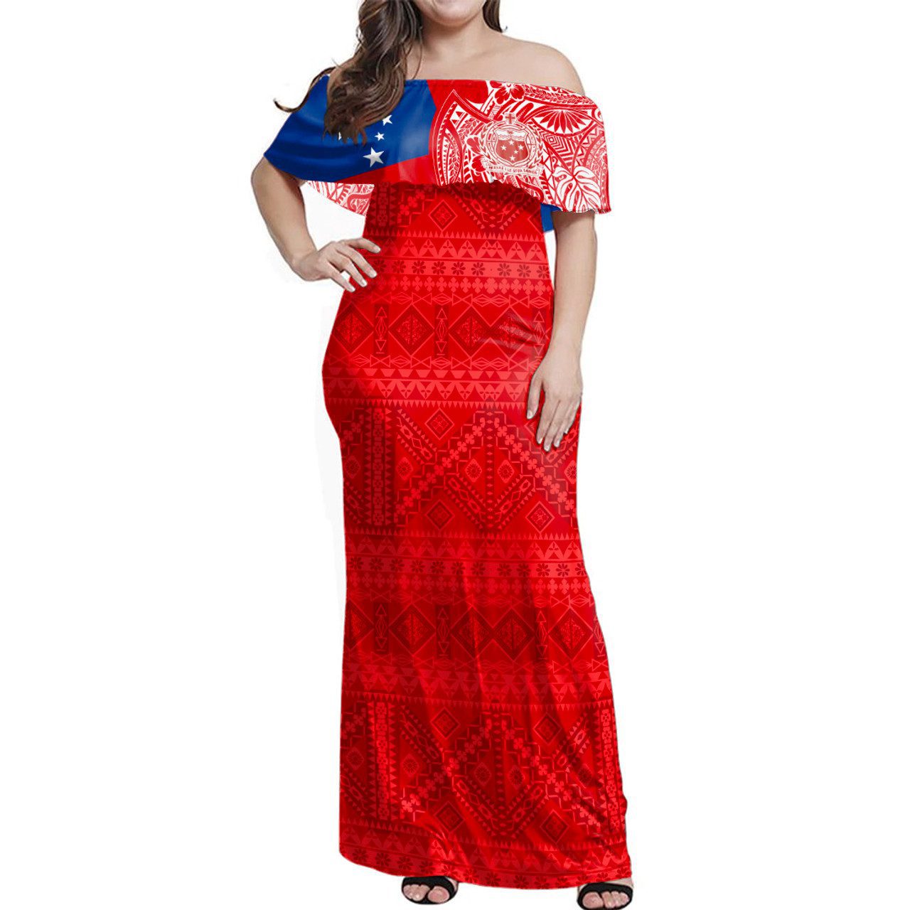 Samoa Woman Off Shoulder Long Dress Polynesian Flag With Coat Of Arms