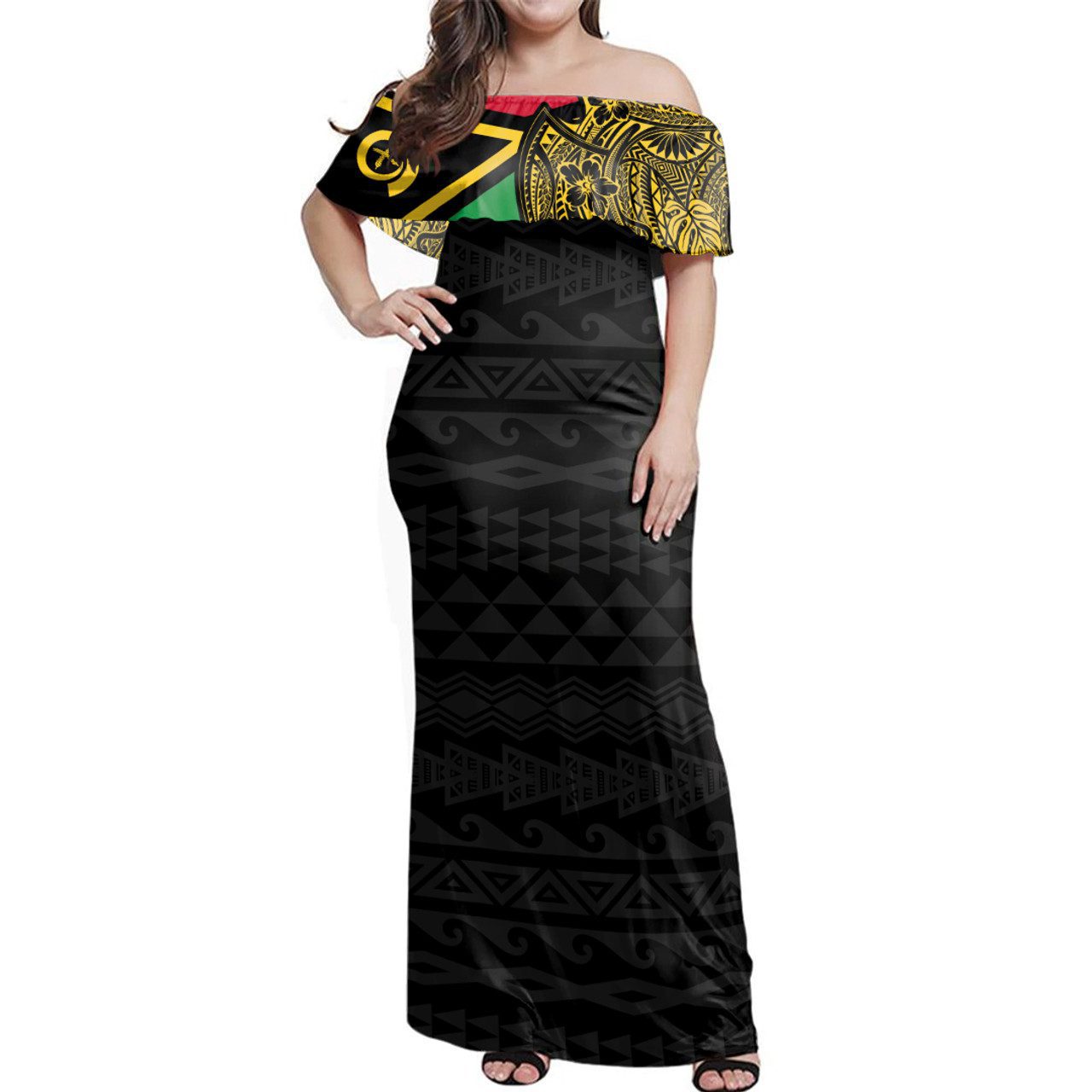 Vanuatu Woman Off Shoulder Long Dress Polynesian Flag With Coat Of Arms