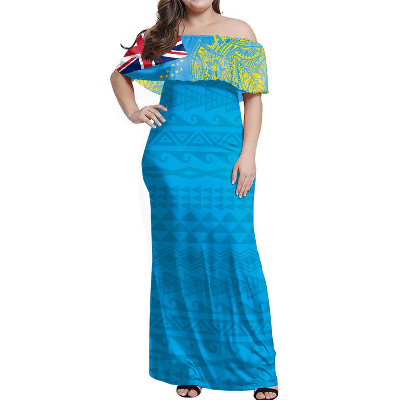 Tuvalu Woman Off Shoulder Long Dress Polynesian Flag With Coat Of Arms